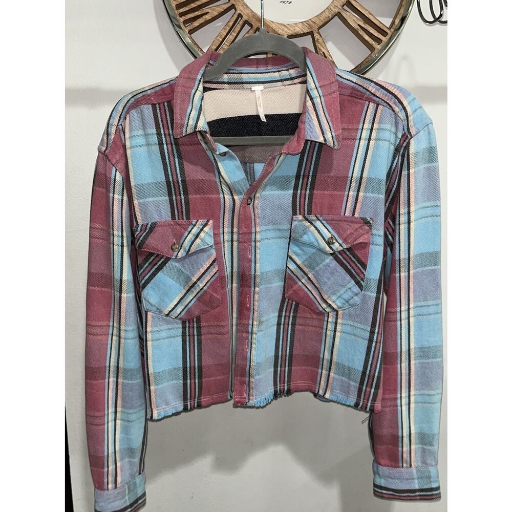 Free People Zelo Flannel Maroon Blue Raw Edge Cropped Small (A)